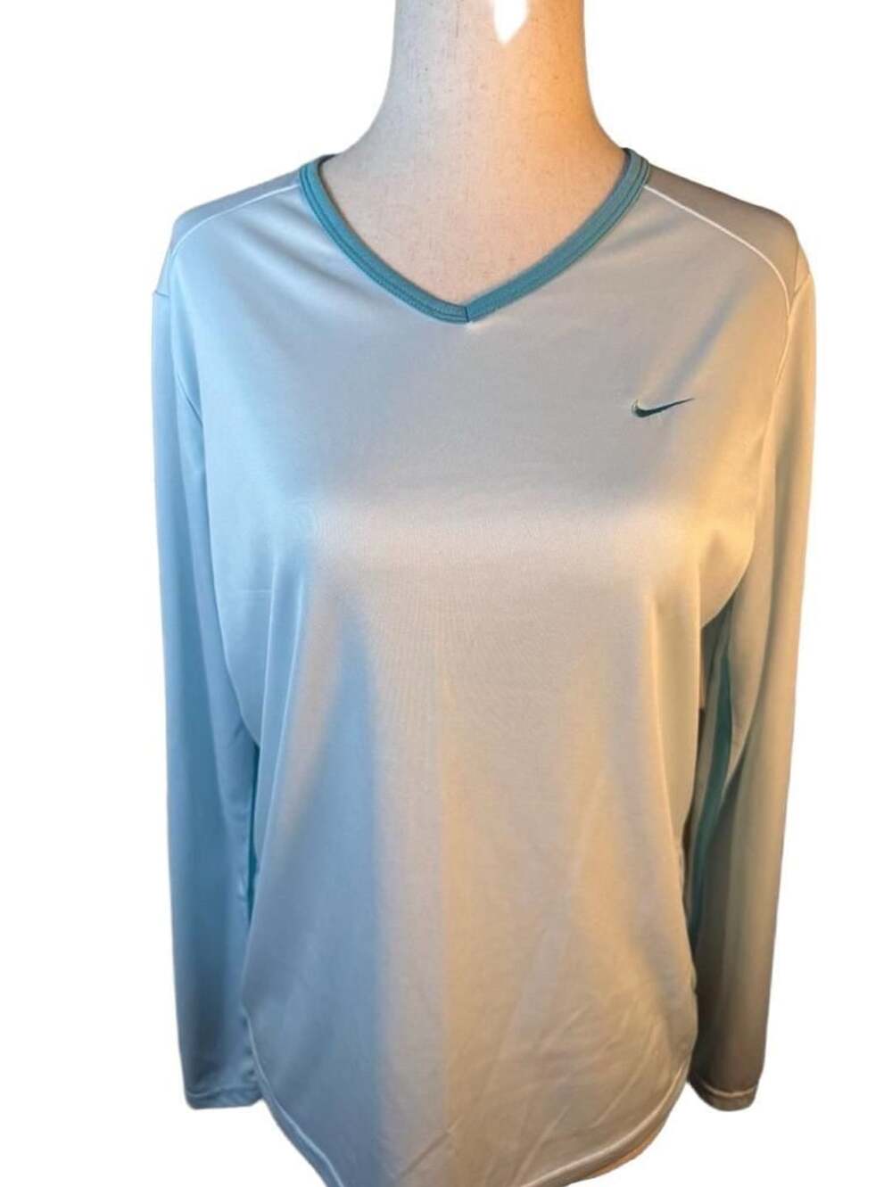 Y2K Nike Long Sleeve Athletic Shirt Blue V-Neck Dri-Fit b 1464
